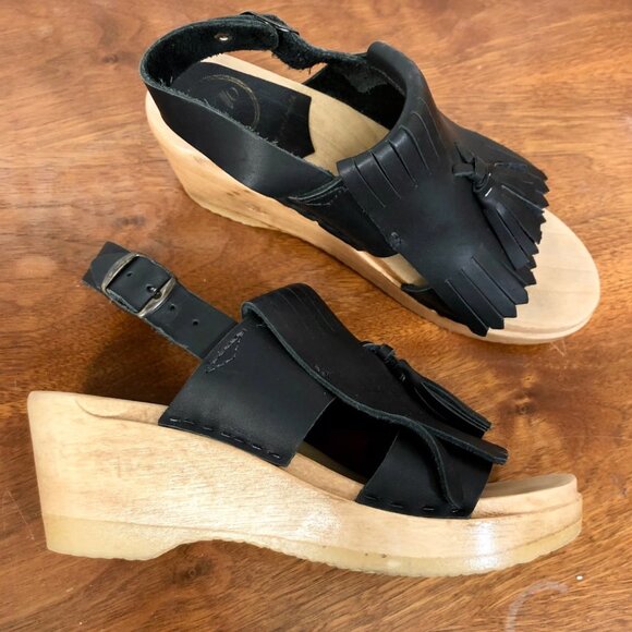 No.6 Store Black Tassel leather wedge clog sandals_ 39 - Picture 1 of 10